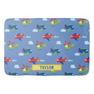 Planes, Helicopters & Clouds Artwork on Blue, Name Bath Mat