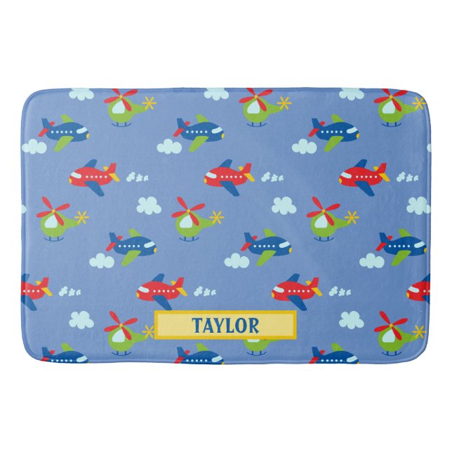Planes, Helicopters & Clouds Artwork on Blue, Name Bath Mat (Front)