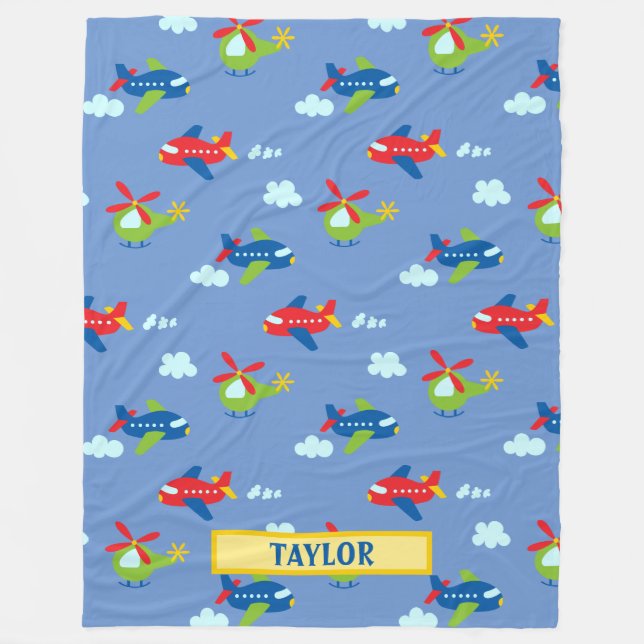 Planes, Helicopters & Clouds Artwork on Blue, Name Fleece Blanket (Front)