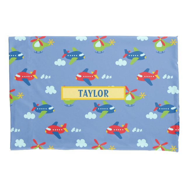 Planes, Helicopters & Clouds Artwork on Blue, Name Pillowcase (Front-Left)