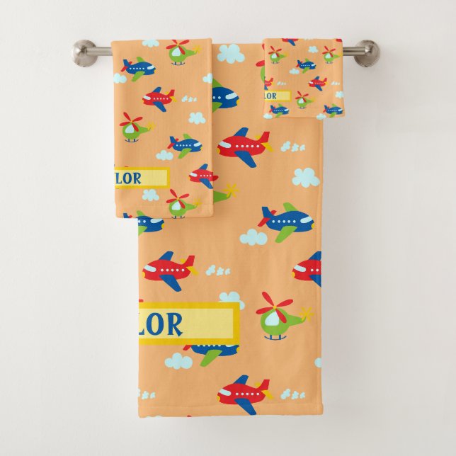 Planes, Helicopters & Clouds Artwork on Peach Name Bath Towel Set (Insitu)