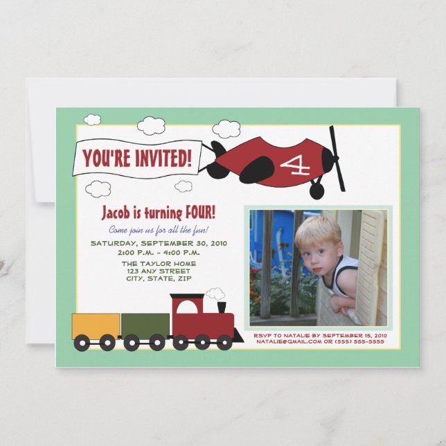 Planes & Trains Birthday Party Invite (mint) (Front)