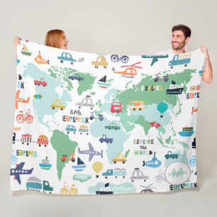 Planes Trains Boats Cars Word Traveller Map Fleece Blanket