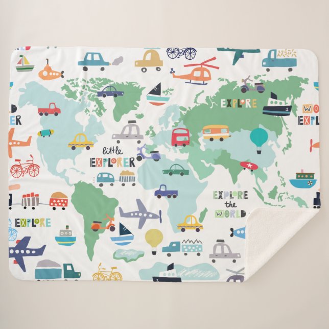 Planes Trains Boats Cars Word Traveller Map Sherpa Blanket (Front (Horizontal))