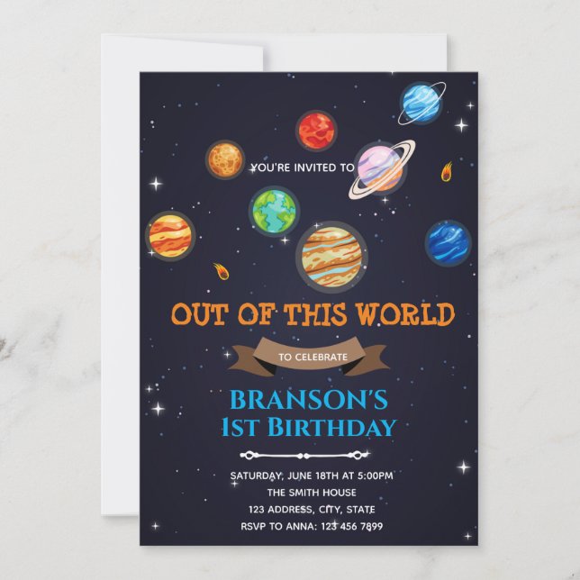 Planet and space galaxy birthday theme invitation (Front)