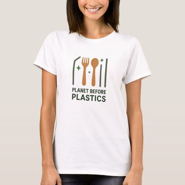 Planet Before Plastics Bold Eco Utensil Design T-Shirt (Front)