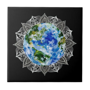 Planet Earth Mandala Black Ceramic Tile