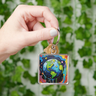 Planet Earth paint drip Key Ring