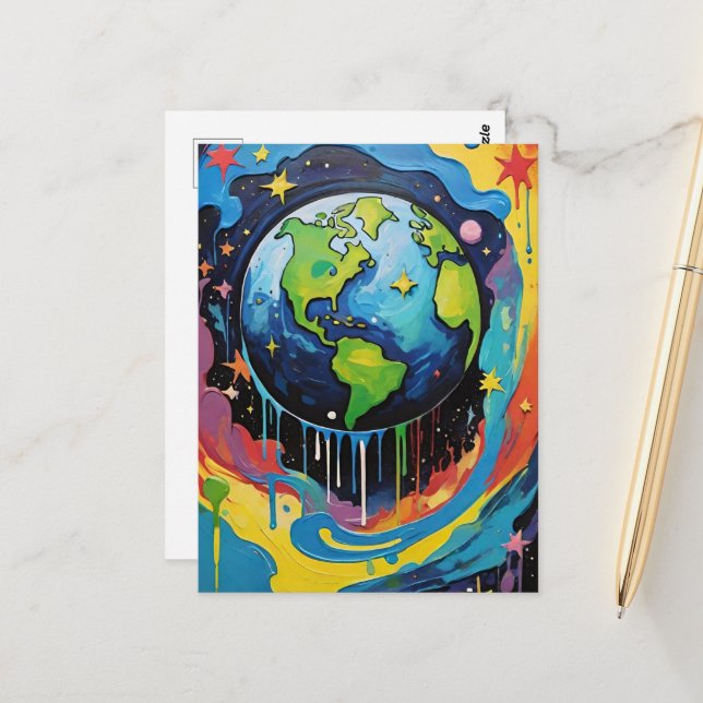 Planet Earth paint drip Postcard (Front/Back In Situ)
