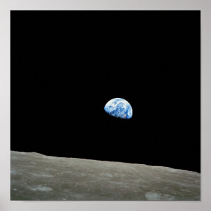 Planet earth rising above the moon poster