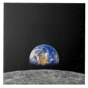 Planet earth rising over Moon Ceramic Tile