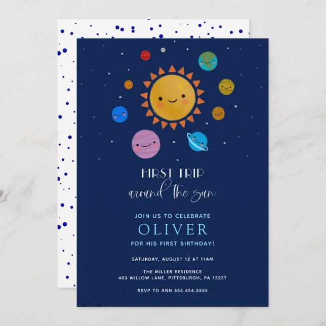 Planet First Trip Around the Sun Birthday Invitation (Front/Back)