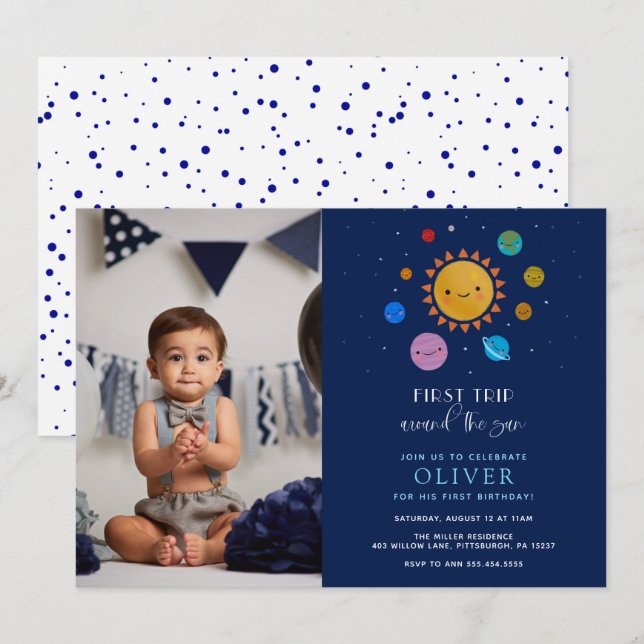 Planet First Trip Around the Sun Photo Birthday Invitation (Front/Back)