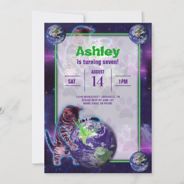 Planet Laser Cat Party Invitation (Front)