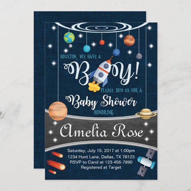 Planet Outer Space Baby Shower Invitation Boy (Front/Back)