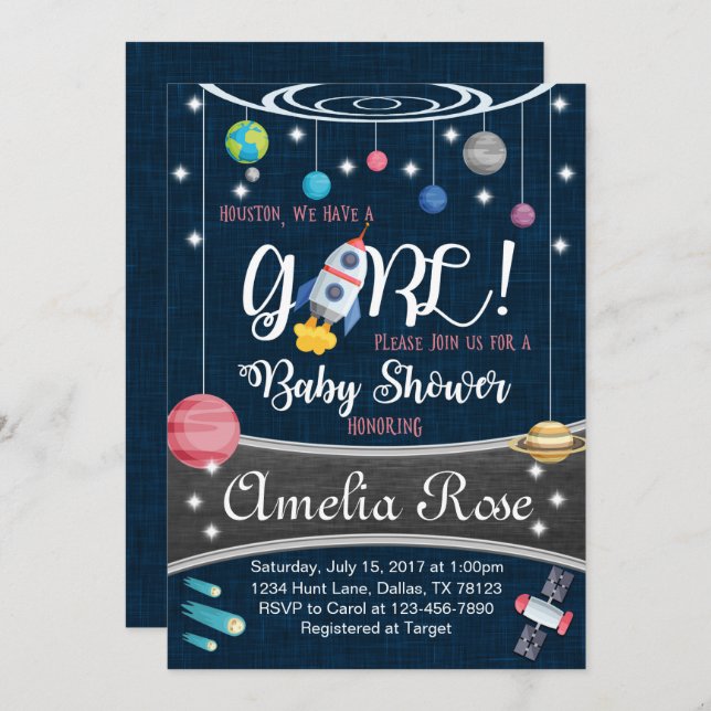Planet Outer Space Baby Shower Invitation Girl (Front/Back)