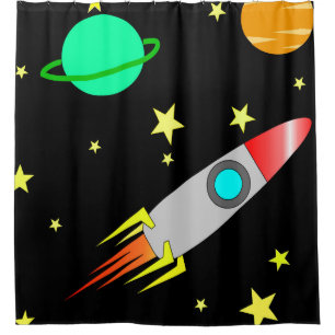 planet rocket space stars shower curtain