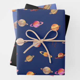 Planet Saturn Mixed Colour Blue and Black  Wrapping Paper Sheet