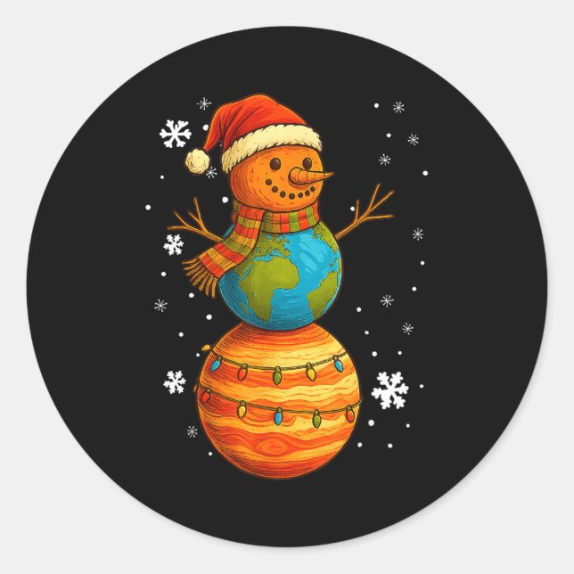 Planet Snowman Earth Saturn Christmas Holiday Art  Classic Round Sticker (Front)