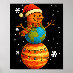 Planet Snowman Earth Saturn Christmas Holiday Art Poster