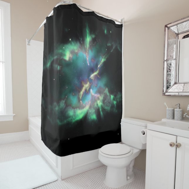 Planetary Nebula Mint Green Periwinkle Shower Curtain (In Situ)