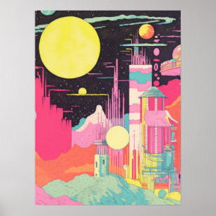 Planetary Panorama: A Lively City and Cosmic Fusio Poster