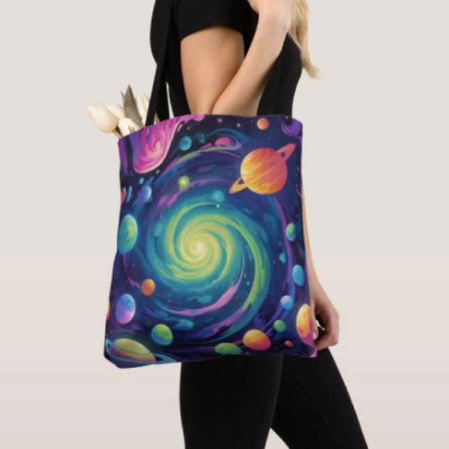 Planetary Spin Tote Bag (Space Tote Bag — 100% polyester, black laminated lining 100% cotton web hand. Made in the USA.)