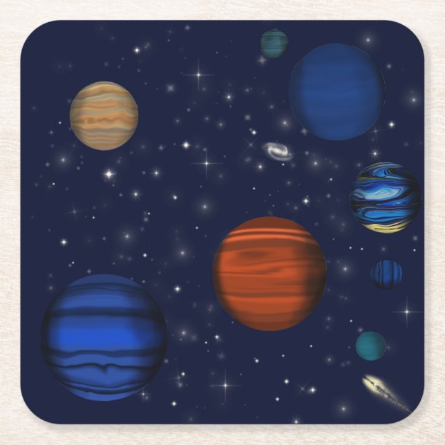 Planets and galaxies in space square paper coaster (Front)