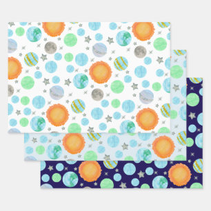 Planets and suns blue first trip birthday wrapping paper sheet