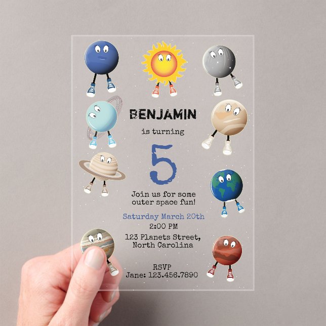 Planets and The Solar System Kids Birthday Acrylic Invitations (Insitu (Handheld))