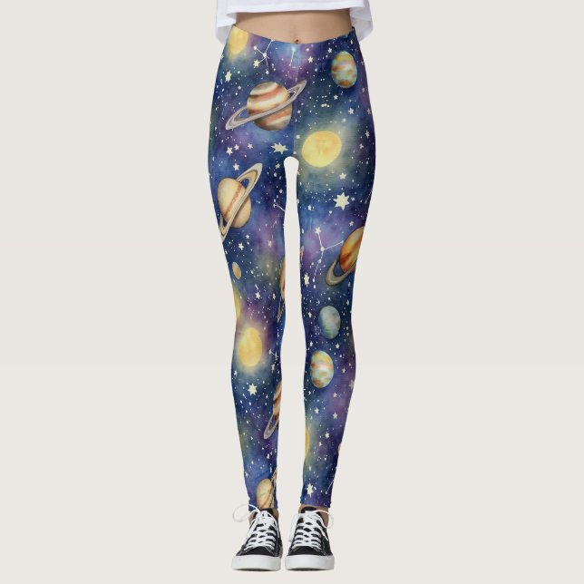 Planets And Zodiac Signs Seamless Pattern Leggings (Front)