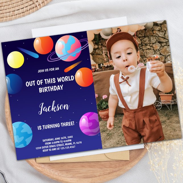 Planets Birthday Invitations Purple with photo (Planets Birthday Invitations Purple with photo)