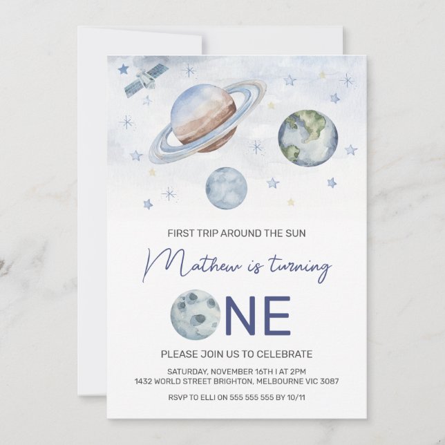 Planets First Trip Around the Sun 1st Birthday  Invitation (Front)