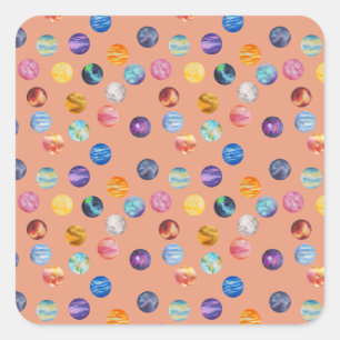 Planets in watercolor drawing pattern - orange square sticker