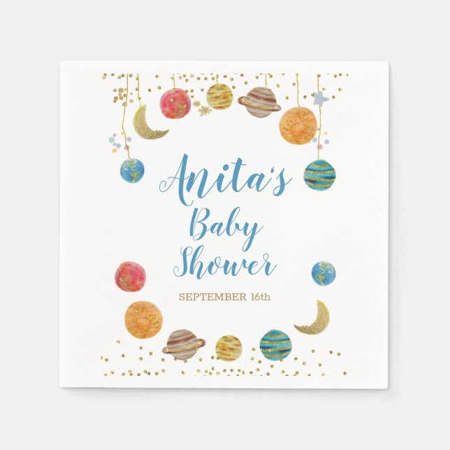 Planets Outer Space Baby Shower Gold Glitter Napkin (Front)