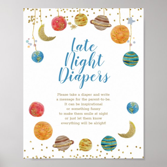 Planets Outer Space Baby Shower Late Night Diapers Poster (Front)