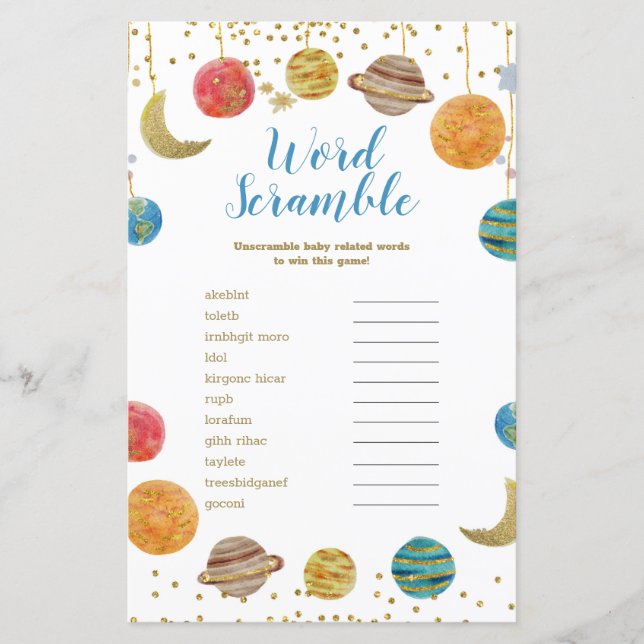 Planets Outer Space Baby Shower Word Scramble (Front)
