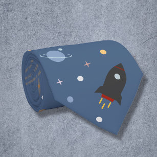 Planets & Rocket, Outer Space Blue Neck Tie