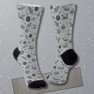 Planets rockets grey doodle space socks