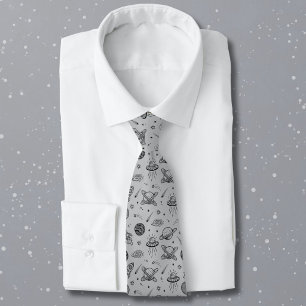 Planets rockets grey doodle space  tie