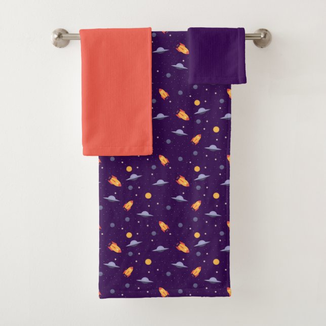 Planets stars pattern purple orange set Towel (Insitu)
