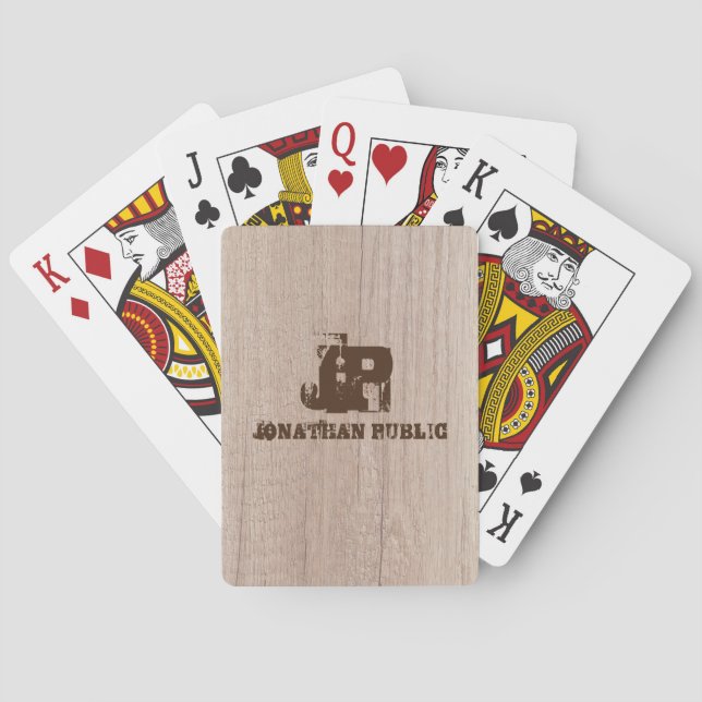 Plank Wood Board Look Monogram Custom Template Playing Cards (Back)