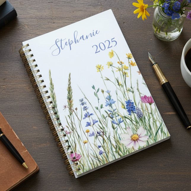 Planner – Watercolor Wildflowers & Name (Personalized planner)