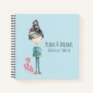 "Plans & Dreams" Cute Boho Girl With Bird Notebook