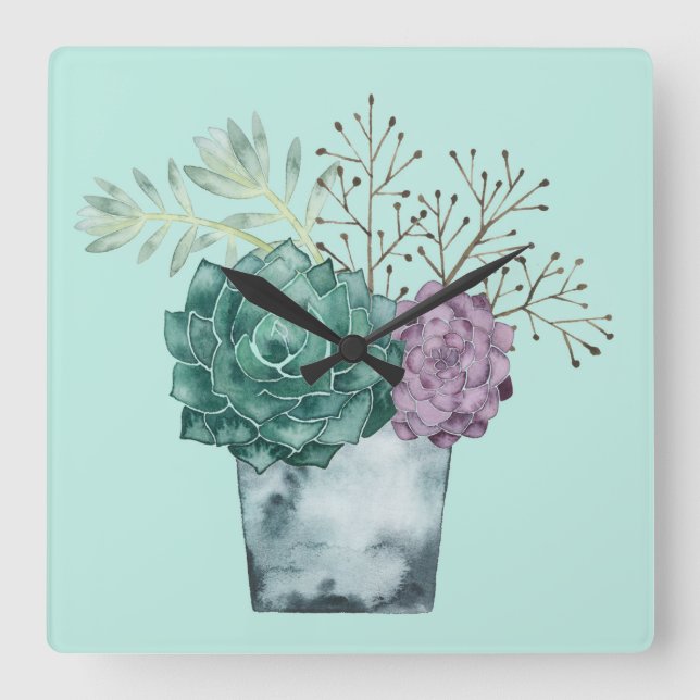 Plant Happiness Collection | Succulents Square Wall Clock (Front)