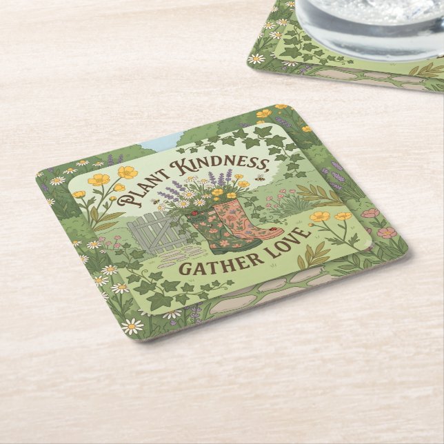 Plant Kindness, Gather Love Square Paper Coaster (Angled)