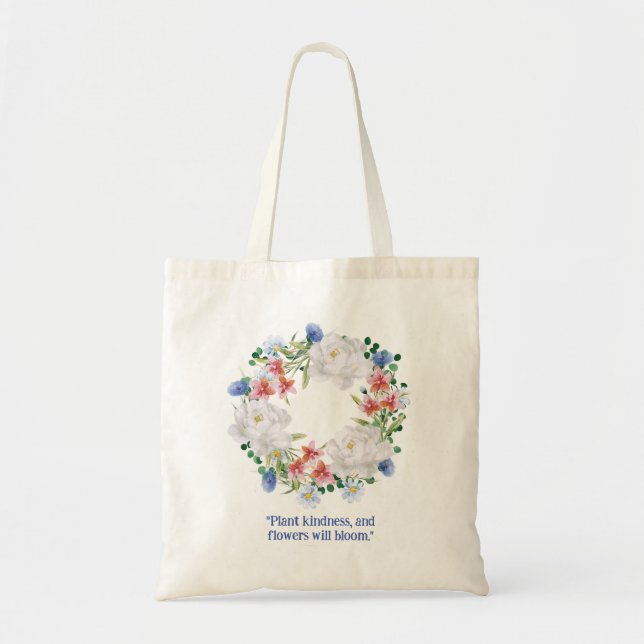 Plant Kindness White Botanical Wreath  Tote Bag (Front)
