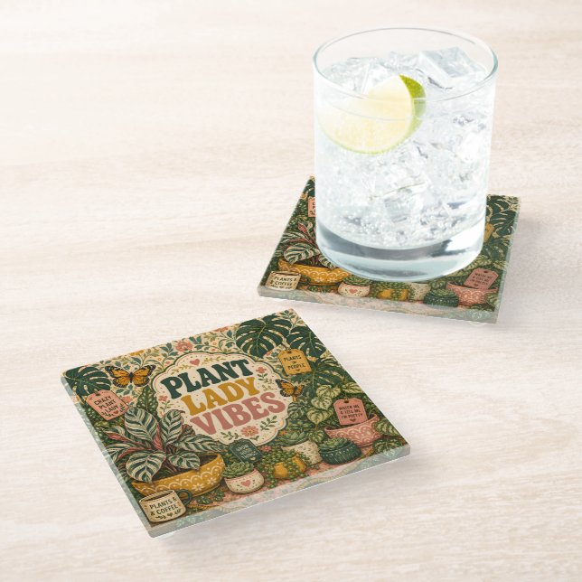 Plant Lady Vibes Glass Coaster (Angled)