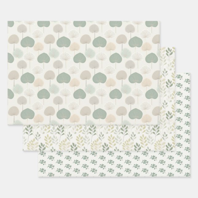 Plant leaf green beige grey neutrals wrapping paper sheet (Set)