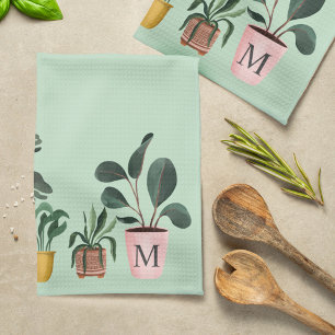 Plant Lover Chic Watercolor Potted Plants Monogram Tea Towel